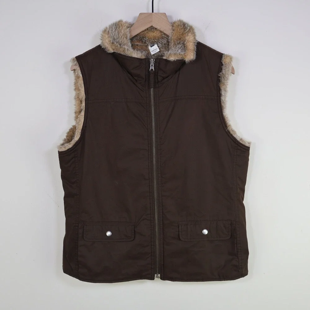 Vintage 2004 Gap‎ Reversible Faux Fur Cotton Vest Large Y2K Gilet Brown